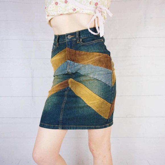 🍓90s VINTAGE PATCHWORK DENIM & CORDUROY PENCIL SKIRT🍓 - Picture 4 of 4